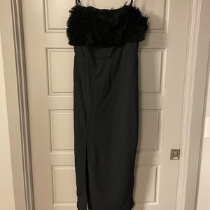Black fur top feather midi dress